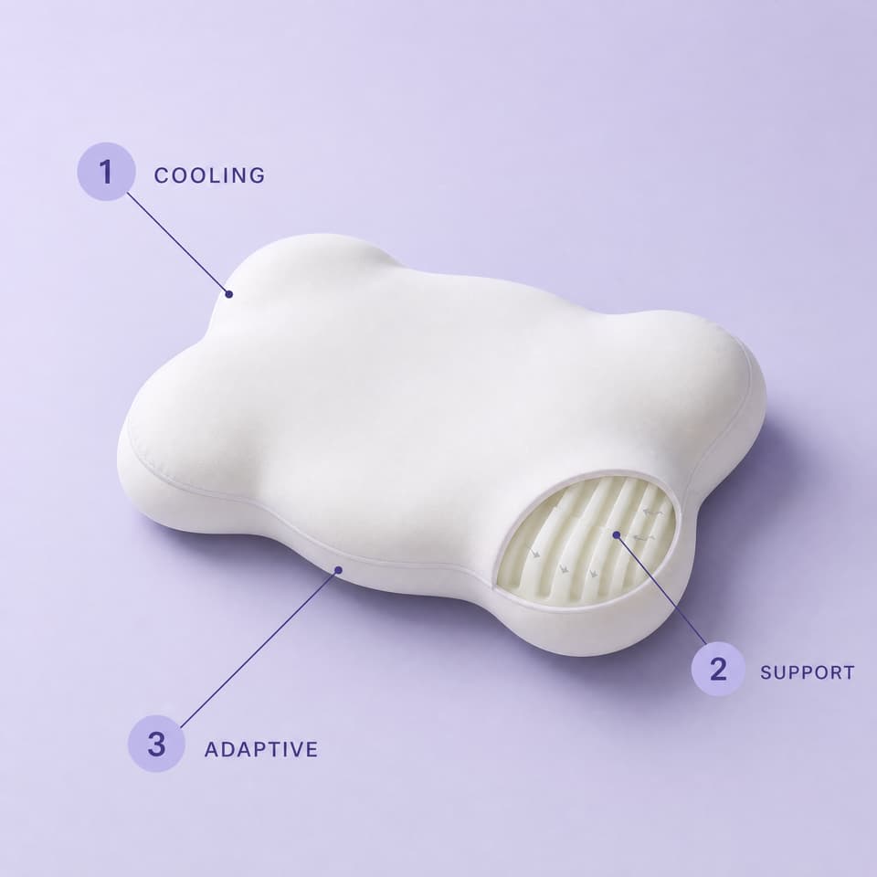 Three-zone cervical neck support diagram for the Cloud Pillow